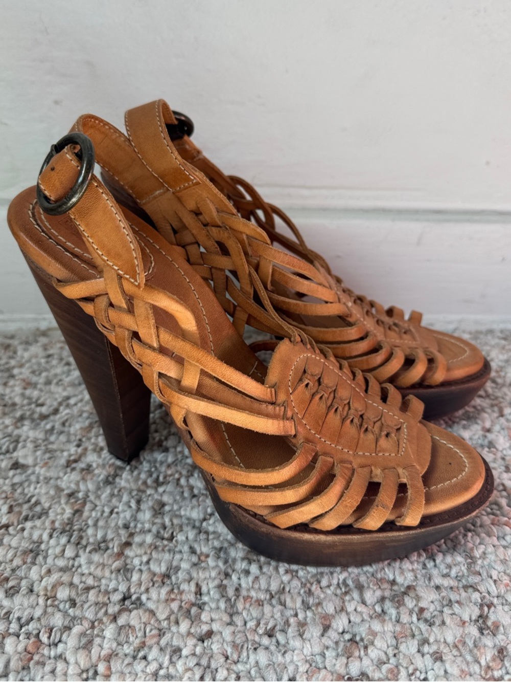 Frye Joy Huarache Platform Sandal Woven Leather Heels Brown US 7 B